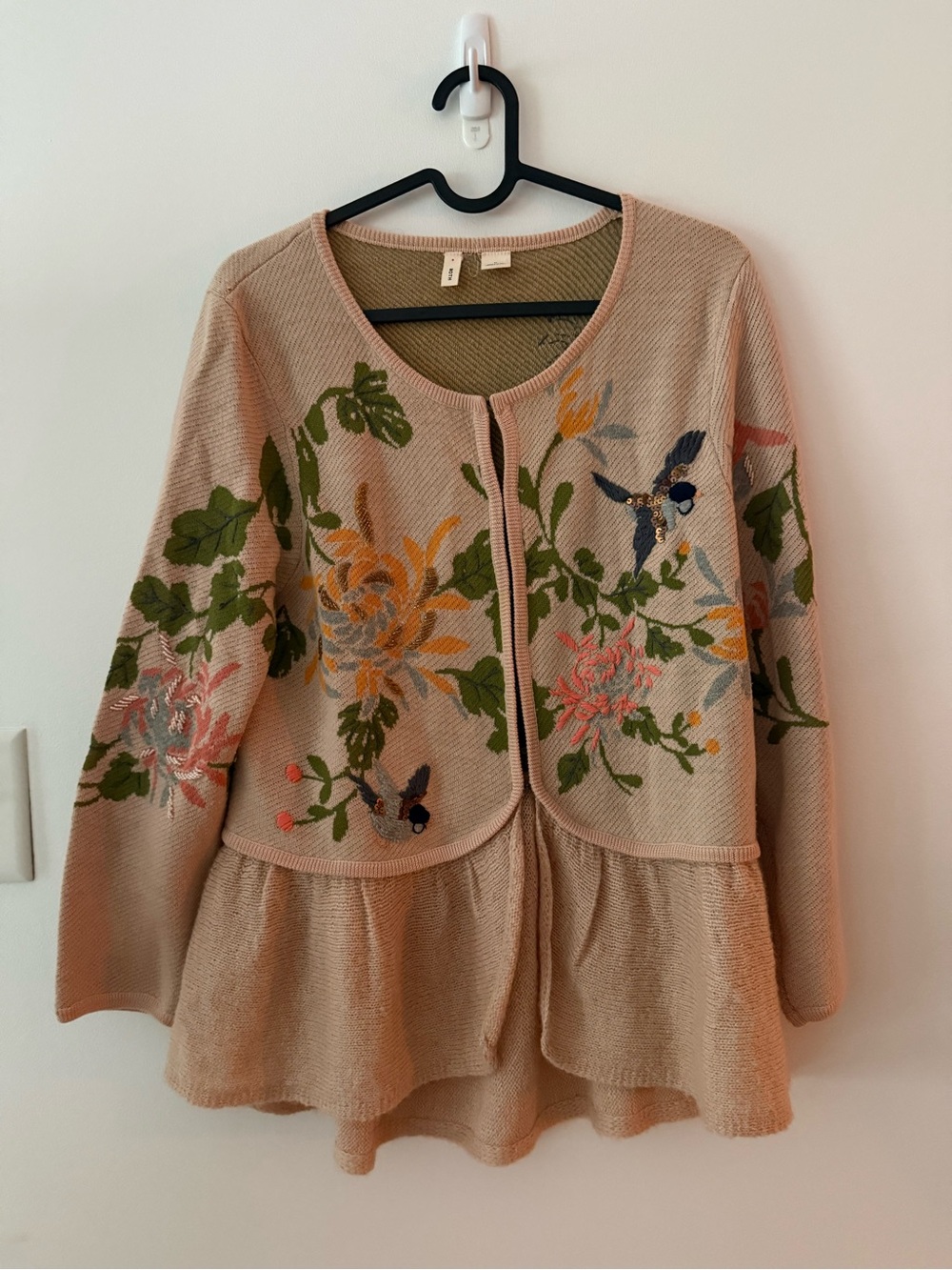 Anthropologie Moth Blush Pink Embroidered Peplum Cardigan